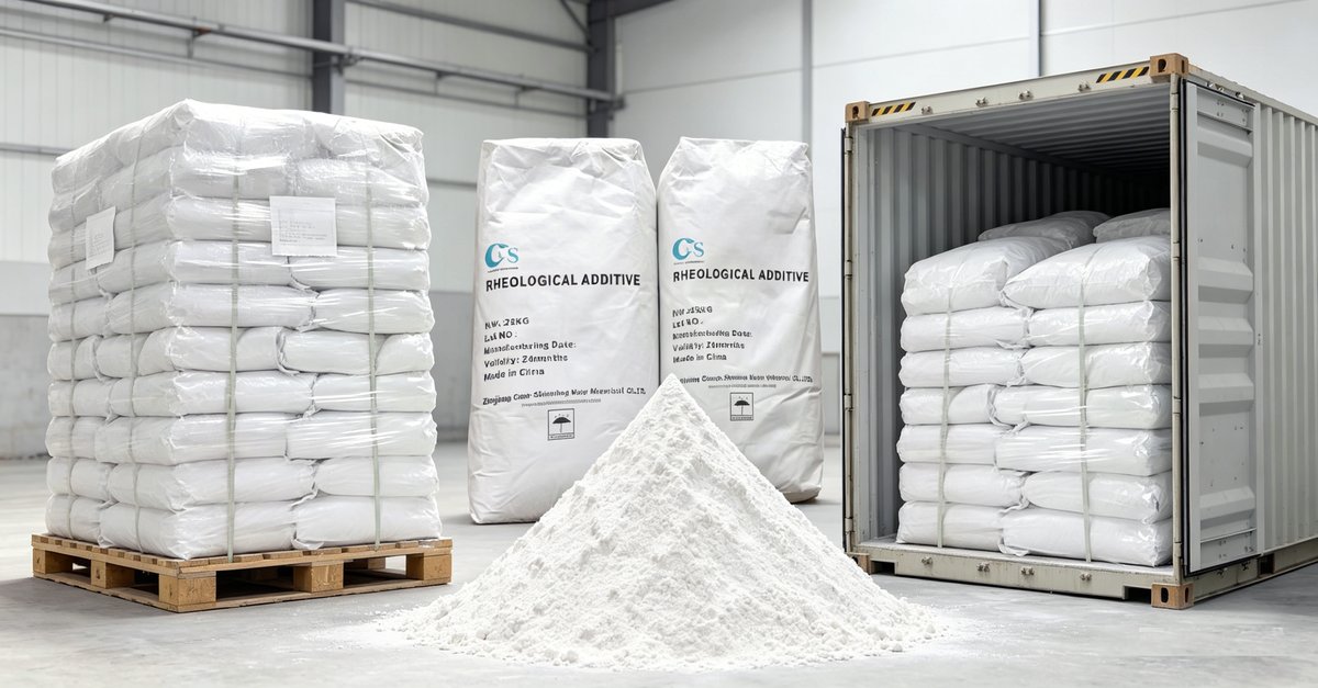 CP Organoclay — мешки по 25 кг, порошок органофильной глины и экспортный контейнер, готовые к отправке.